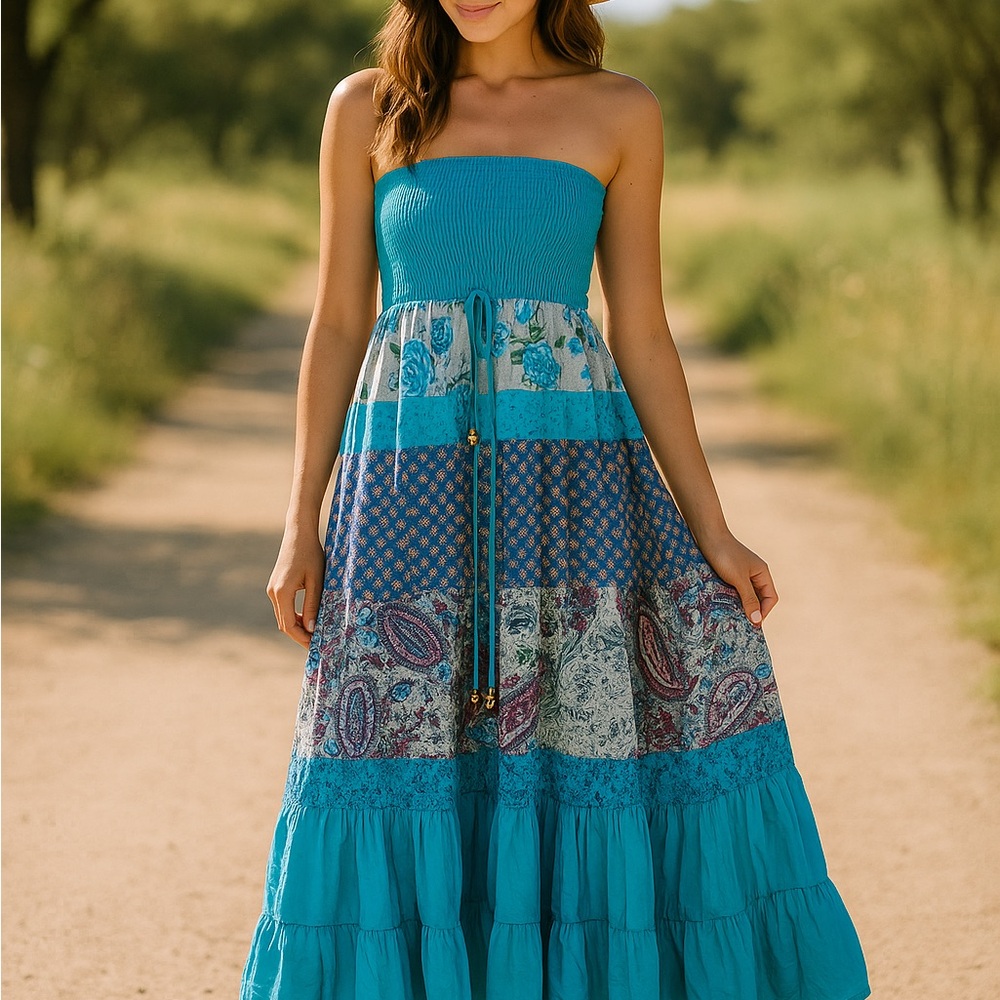 Patchwork Maxi Skirt Dress Blue Floral Paisley Print OS Prairie Boho Slip On